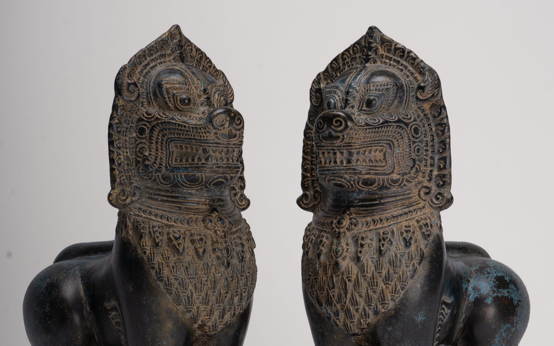 Temple Lions - Antique Khmer Style Bronze Standing Temple Guardian or Lions (Pair) - 27cm/11"