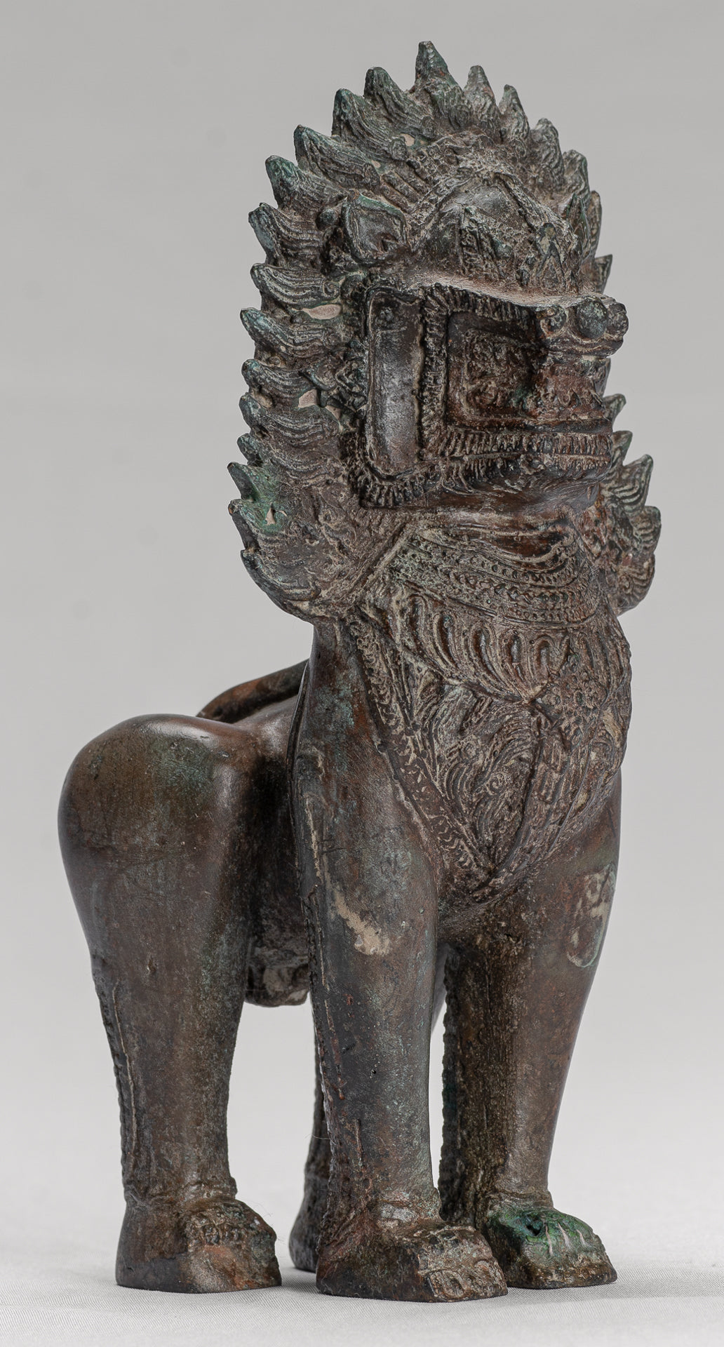 Temple Lion - Antique Thai Style Bronze Standing Singha Temple Guardian or Lion - 19cm/8"