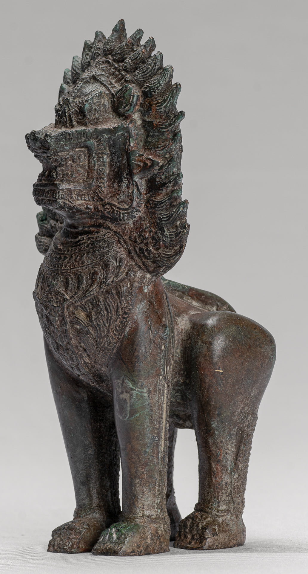 Temple Lion - Antique Thai Style Bronze Standing Singha Temple Guardian or Lion - 19cm/8"