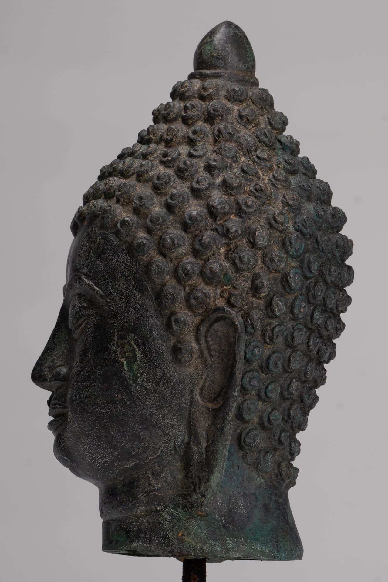 Buddha Head - Antique Thai Style Chiang Saen Mounted Bronze Buddha Head - 24cm/10"