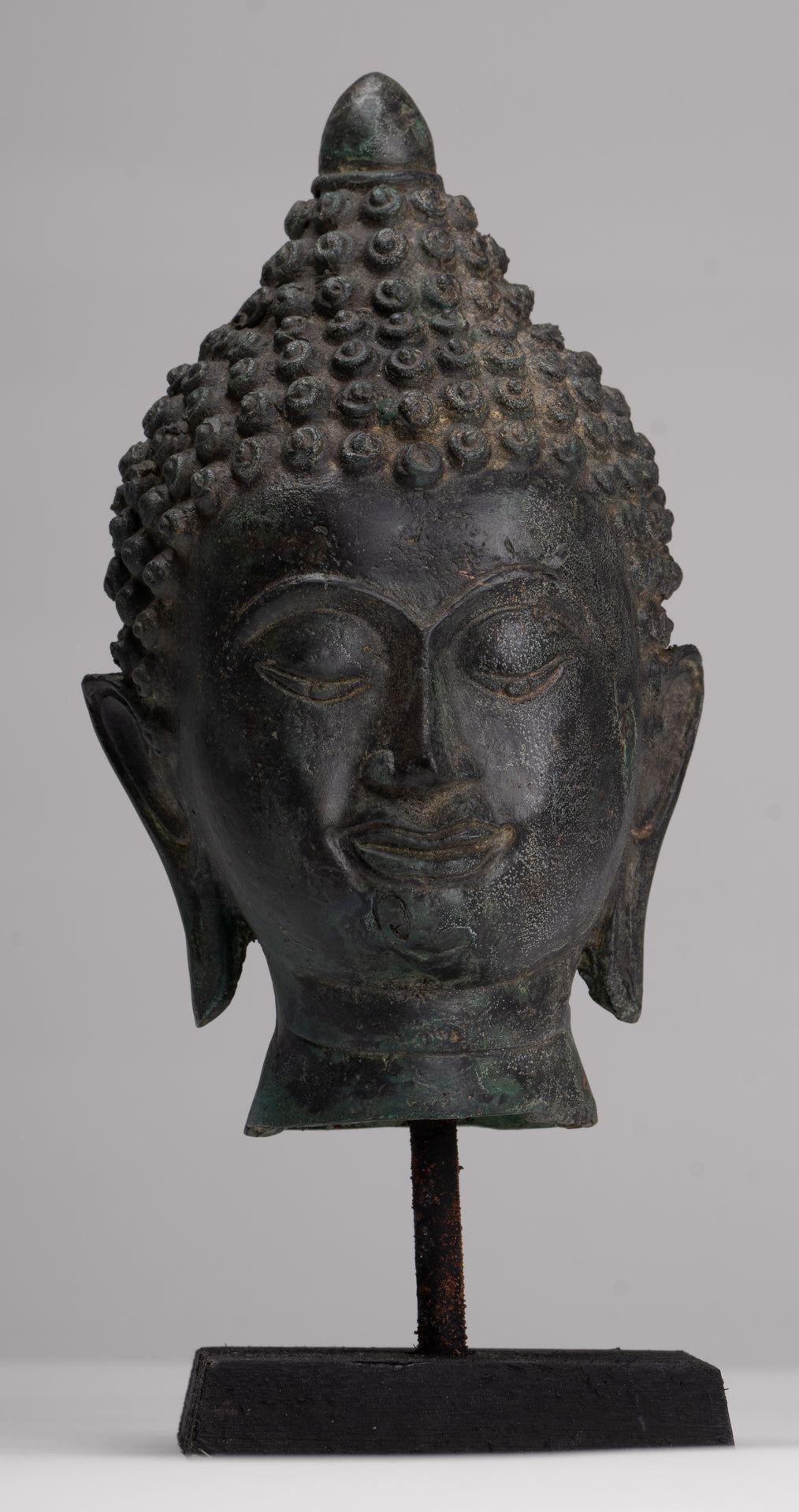 Buddha Head - Antique Thai Style Chiang Saen Mounted Bronze Buddha Head - 24cm/10"