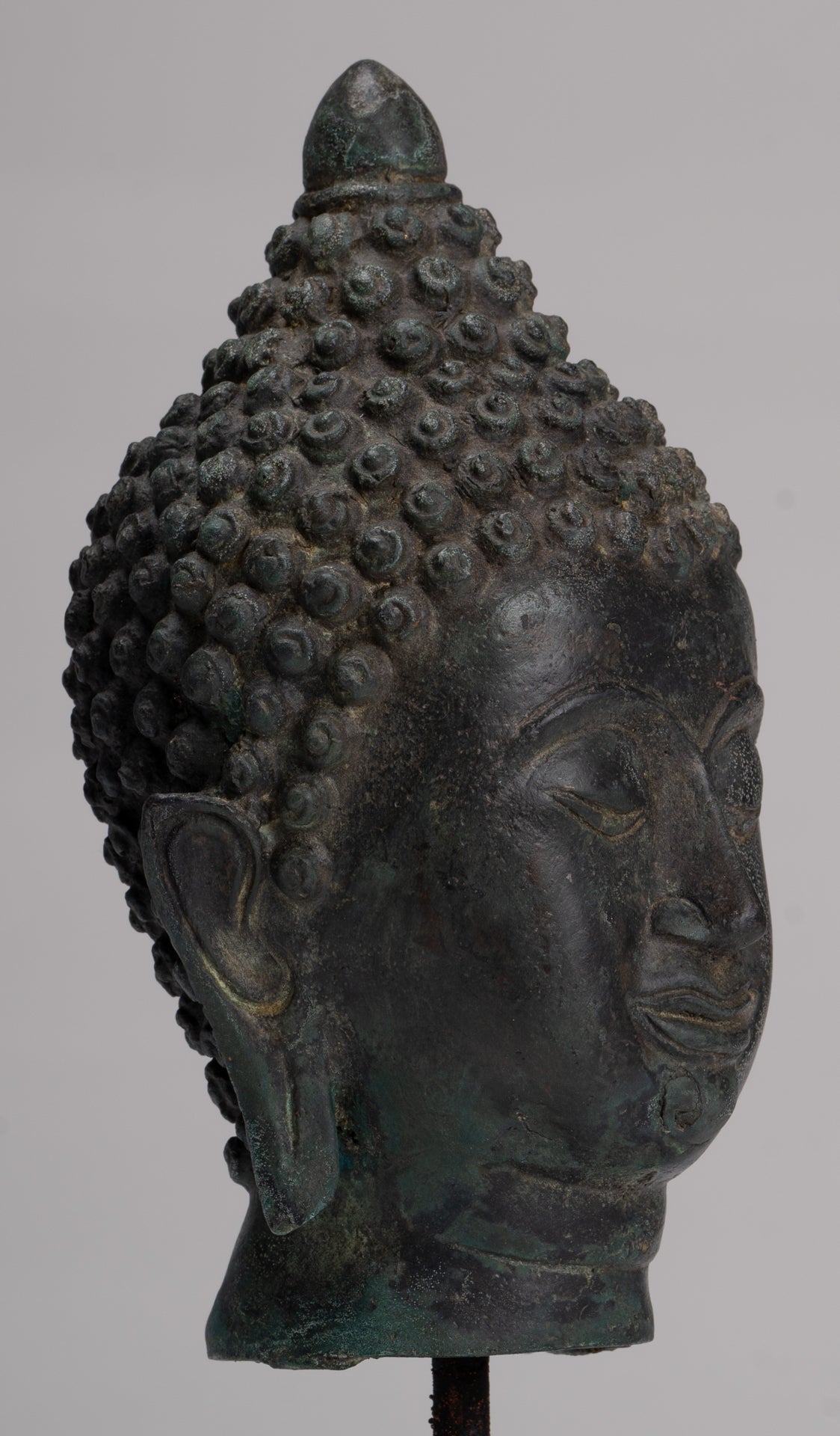 Buddha Head - Antique Thai Style Chiang Saen Mounted Bronze Buddha Head - 24cm/10"