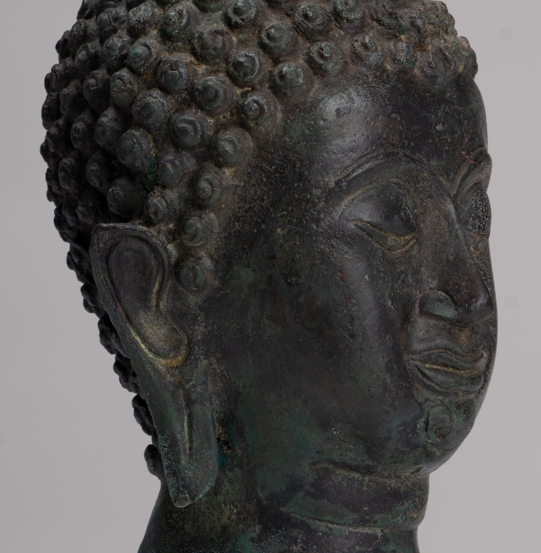 Buddha Head - Antique Thai Style Chiang Saen Mounted Bronze Buddha Head - 24cm/10"
