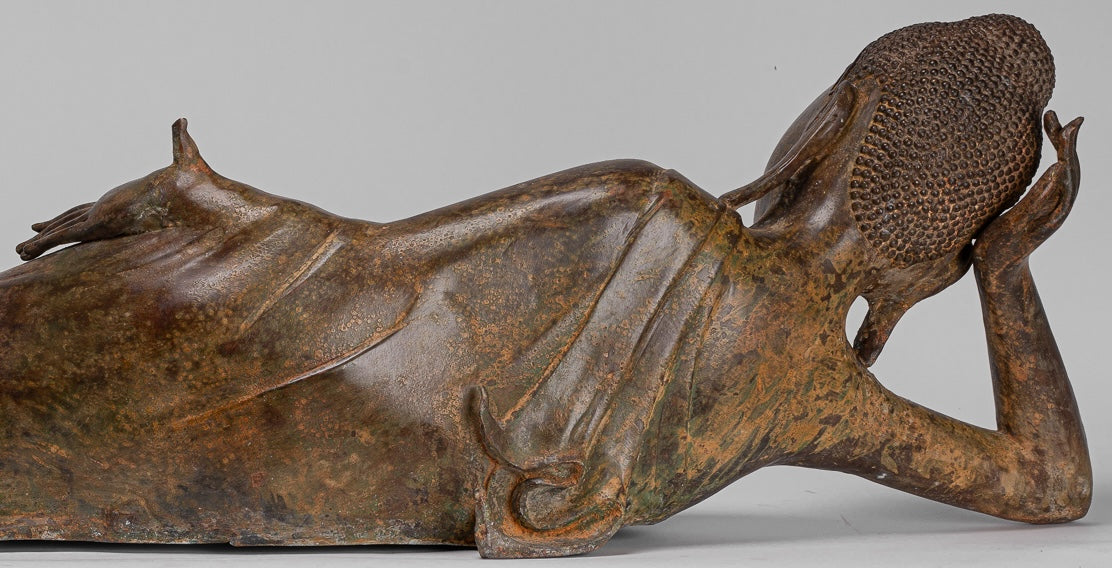 Buddha Statue - Antique Thai Style Bronze Sukhothai Reclining Nirvana Buddha Statue - 106cm/42"