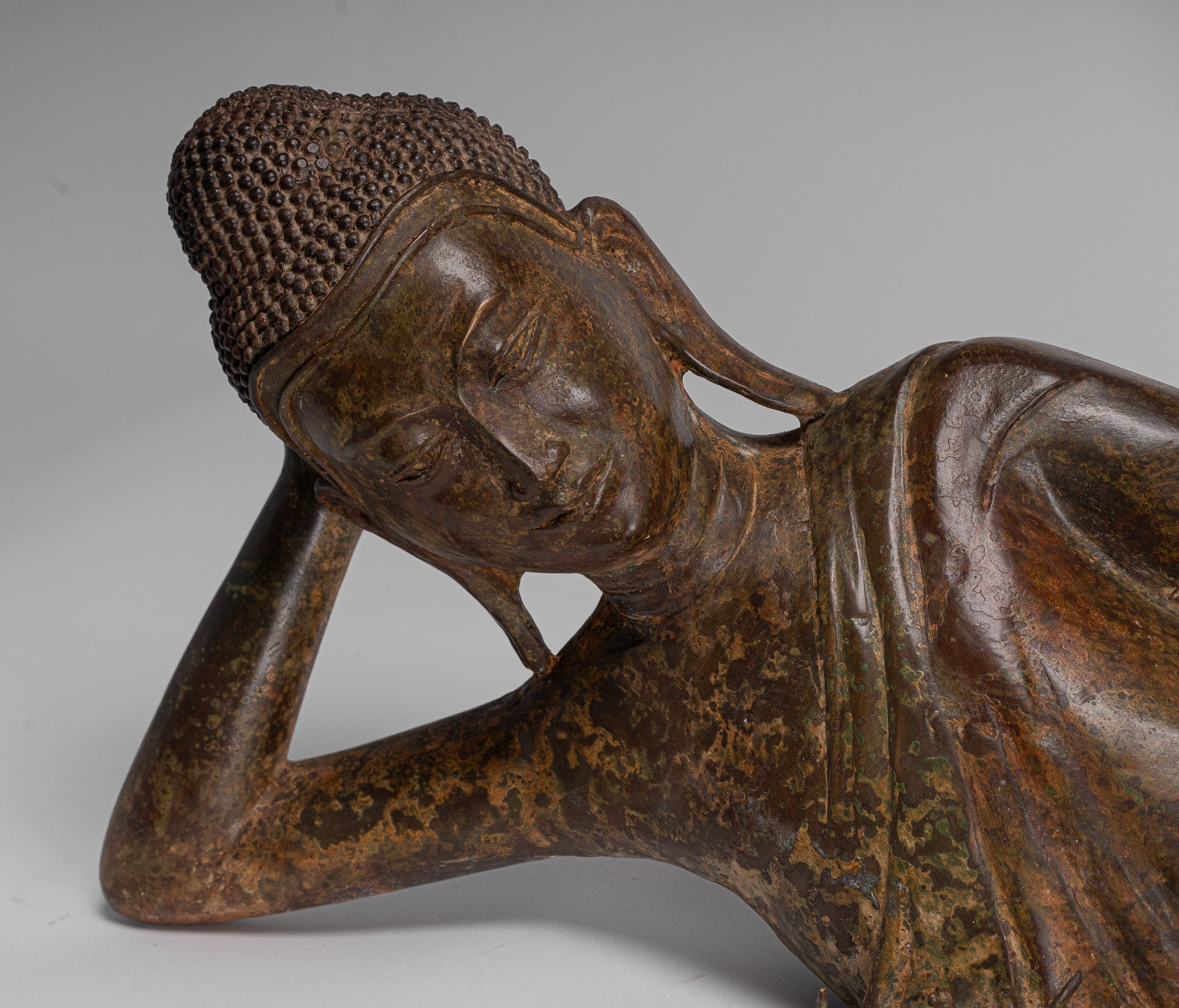 Buddha Statue - Antique Thai Style Bronze Sukhothai Reclining Nirvana Buddha Statue - 106cm/42"
