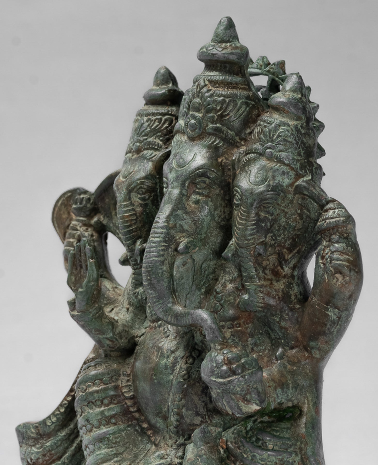 Antique Thai Style Bronze Tri Muhkthi Ganapathi Three Headed Ganesha Statue - 21cm/8"