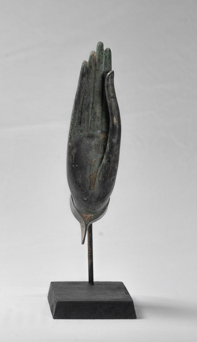 Mounted Antique Thai Style Southeast Asia Bronze Thai Protection Hand - 32cm/13"