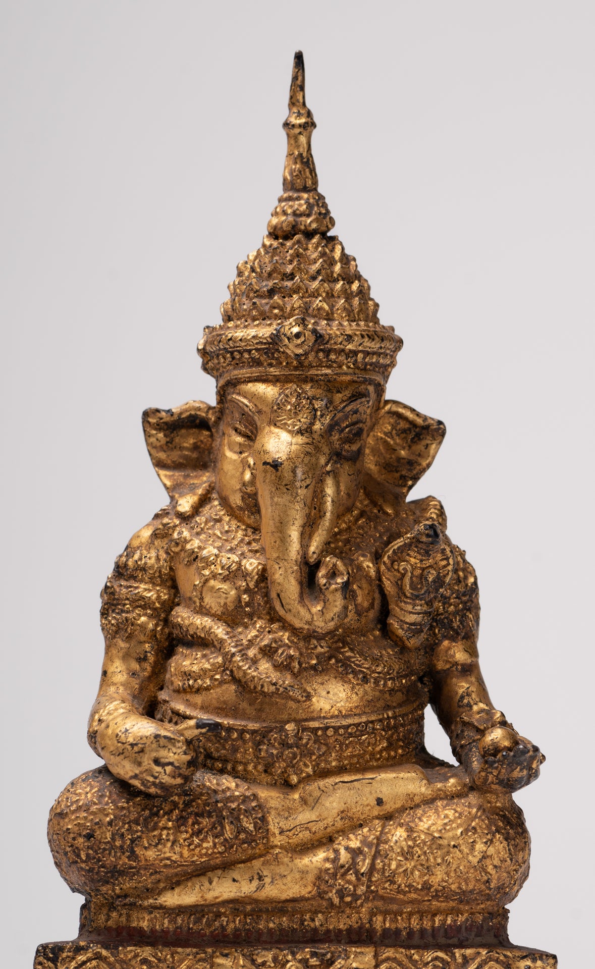 Ganesha Statue - Antique Thai Style Bronze Seated Rattanakosin Ganesha Statue - 19cm/8"