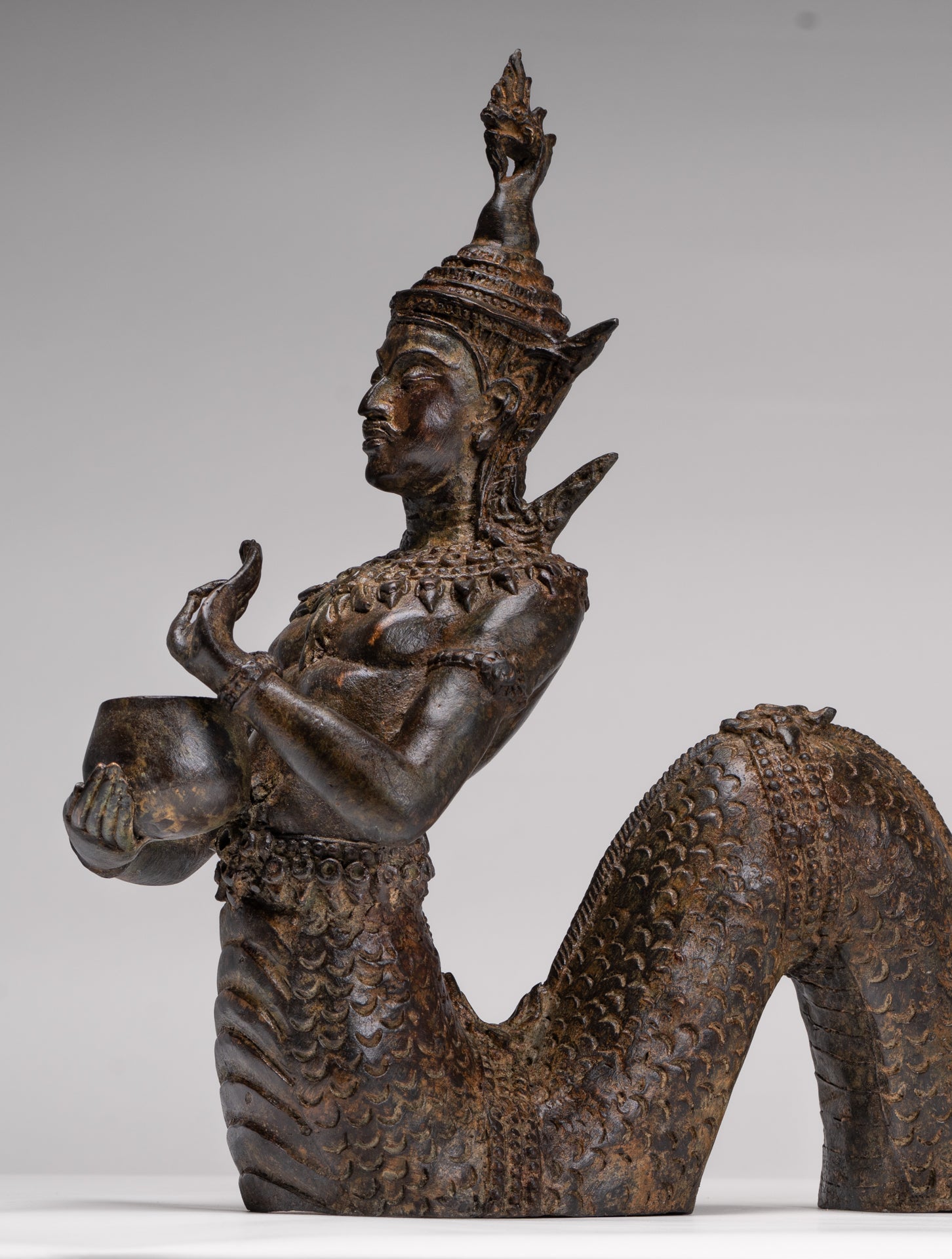 Antique Thai Style Bronze Naga Prince Statue - Guardian of Wisdom and Protection - 38cm/15"