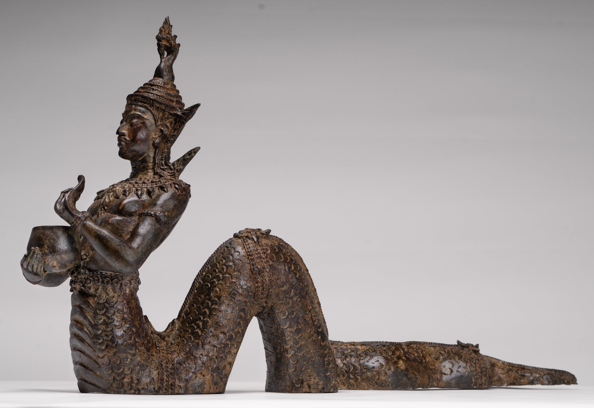 Antique Thai Style Bronze Naga Prince Statue - Guardian of Wisdom and Protection - 38cm/15"