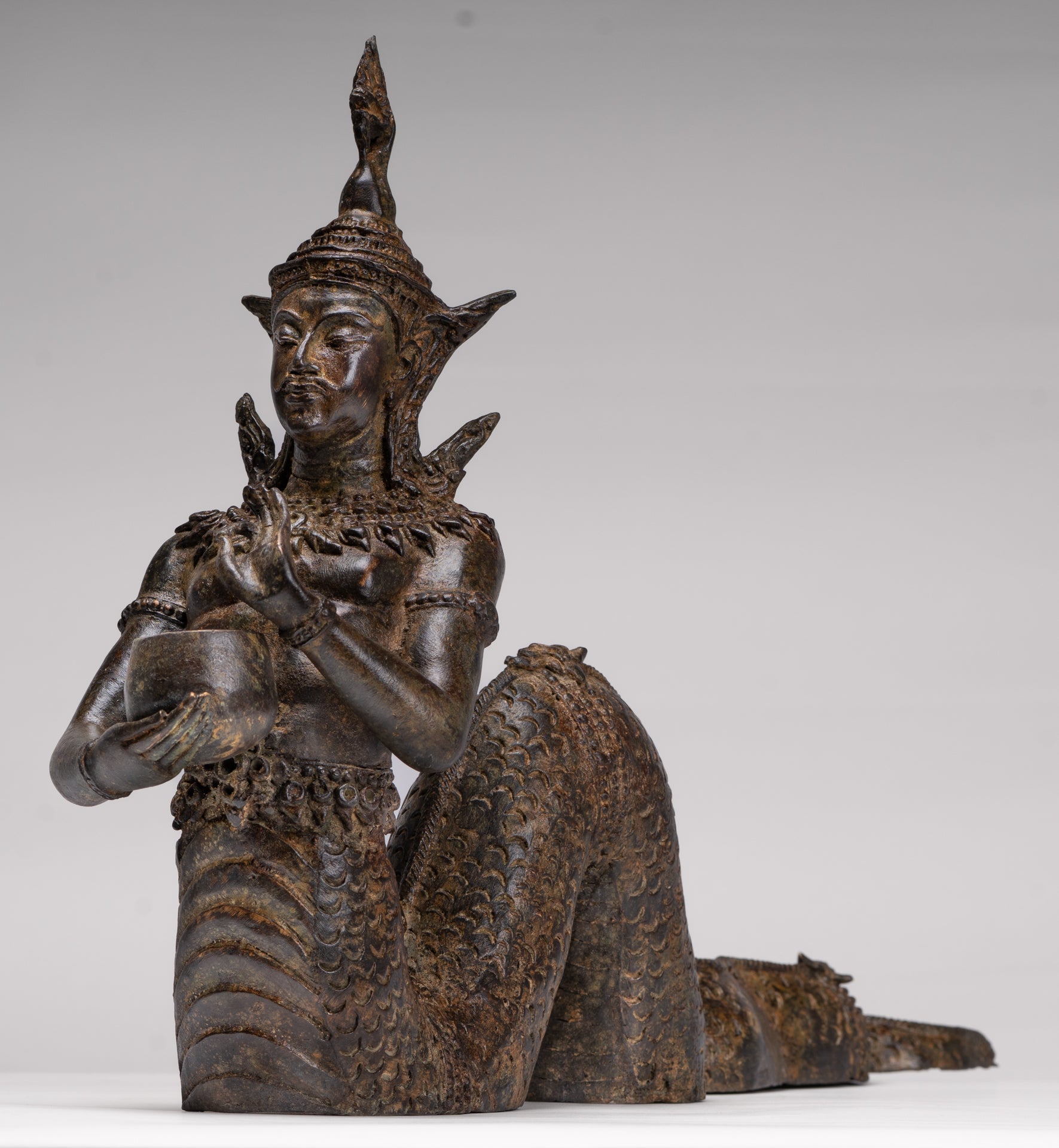Antique Thai Style Bronze Naga Prince Statue - Guardian of Wisdom and Protection - 38cm/15"