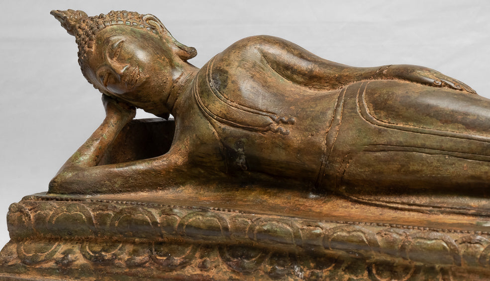 Statua Buddha - Antique Thai Thai Bronzo Sukhothai Reclining Nirvana Buddha Statua - 55cm/22 "