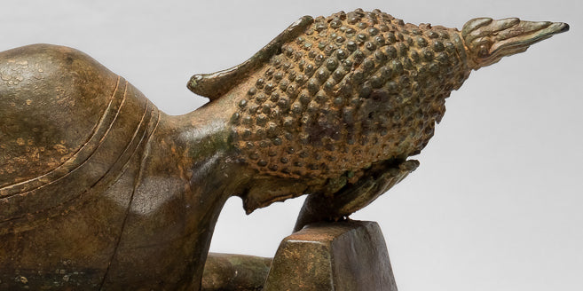 Statua Buddha - Antique Thai Thai Bronzo Sukhothai Reclining Nirvana Buddha Statua - 55cm/22 "