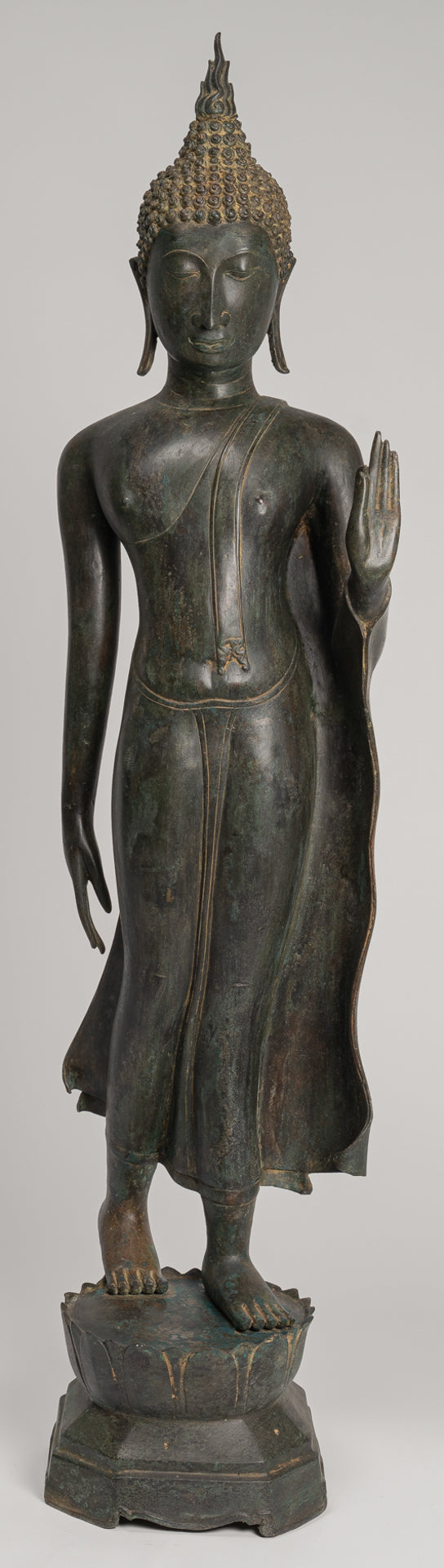 Antique Thai Style Sukhothai Bronze Protection Walking Buddha Statue - 116cm/46"