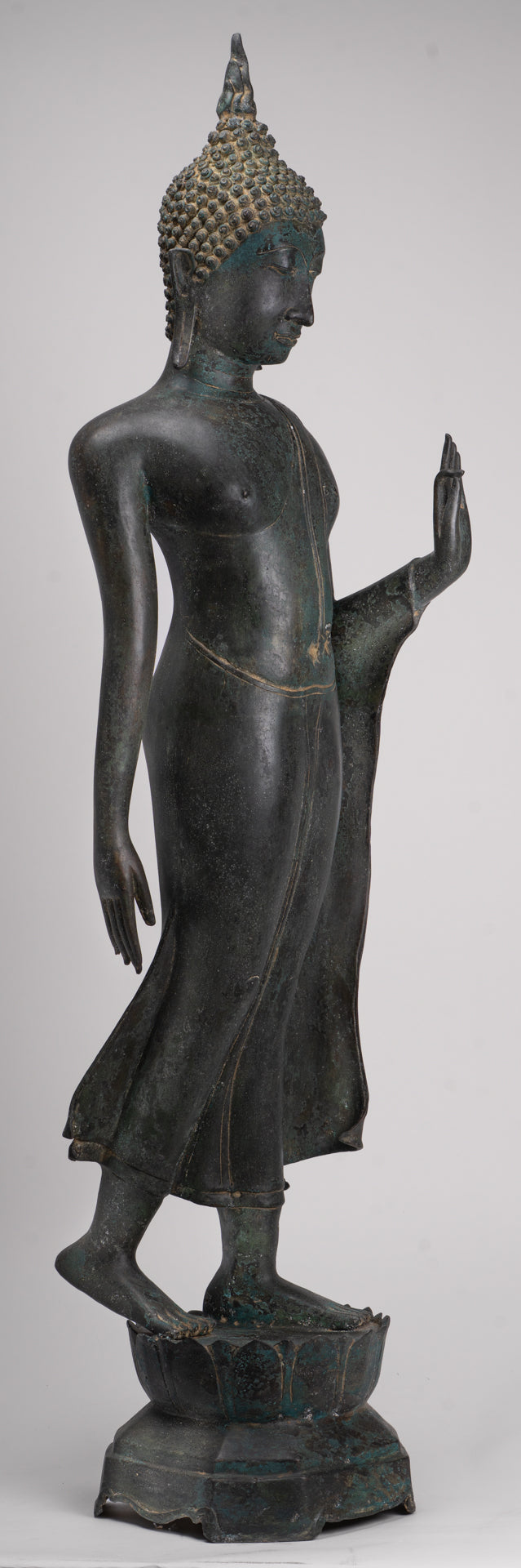 Antique Thai Style Sukhothai Bronze Protection Walking Buddha Statue - 117cm/47"