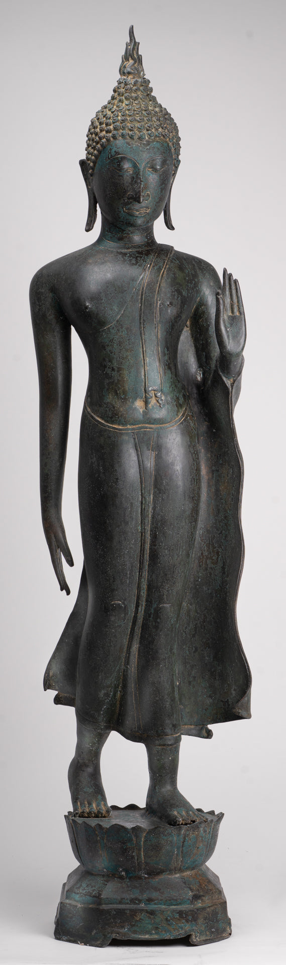 Antique Thai Style Sukhothai Bronze Protection Walking Buddha Statue - 117cm/47"