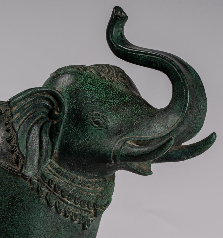 Antique Khmer Style Bronze Standing Trumpeting Elephant Statue - 38cm/15" Tall