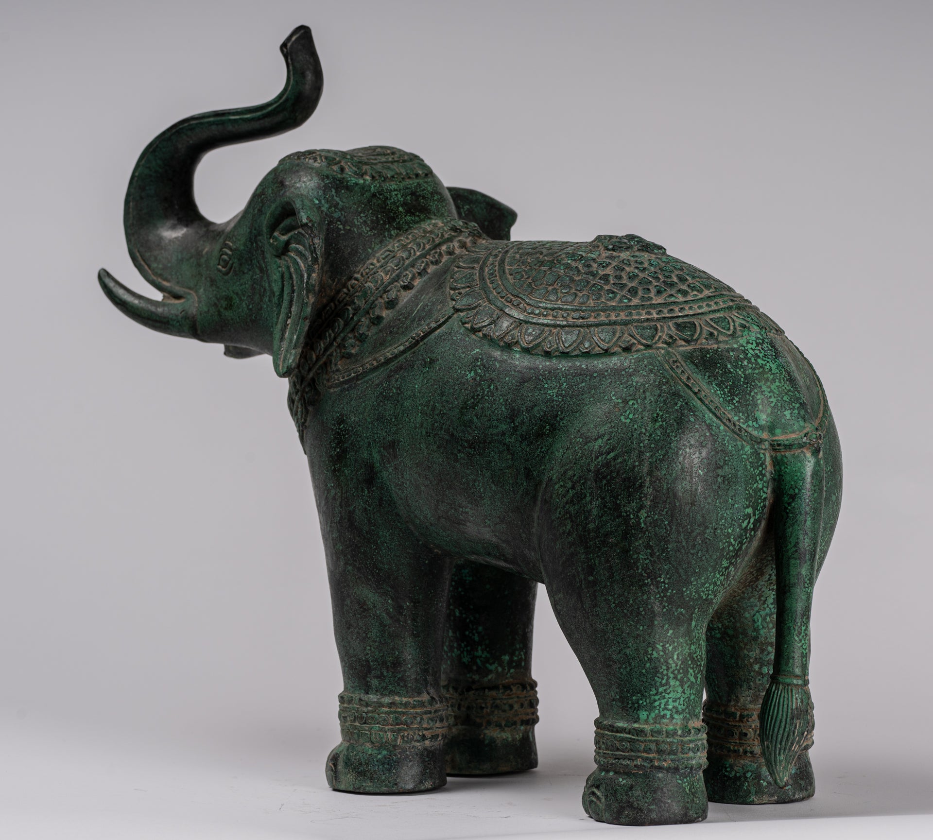 Antique Khmer Style Bronze Standing Trumpeting Elephant Statue - 38cm/15" Tall