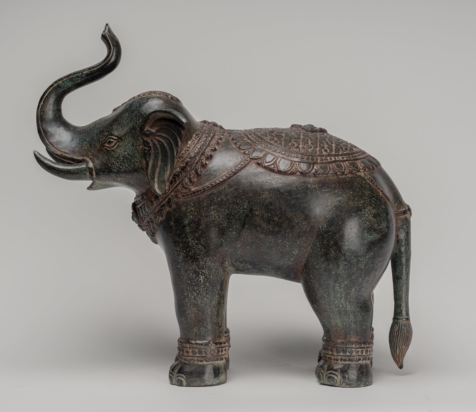 Elephant - Antique Khmer Style Bronze Standing Trumpeting Elephant Statue - 38cm/15" Tall