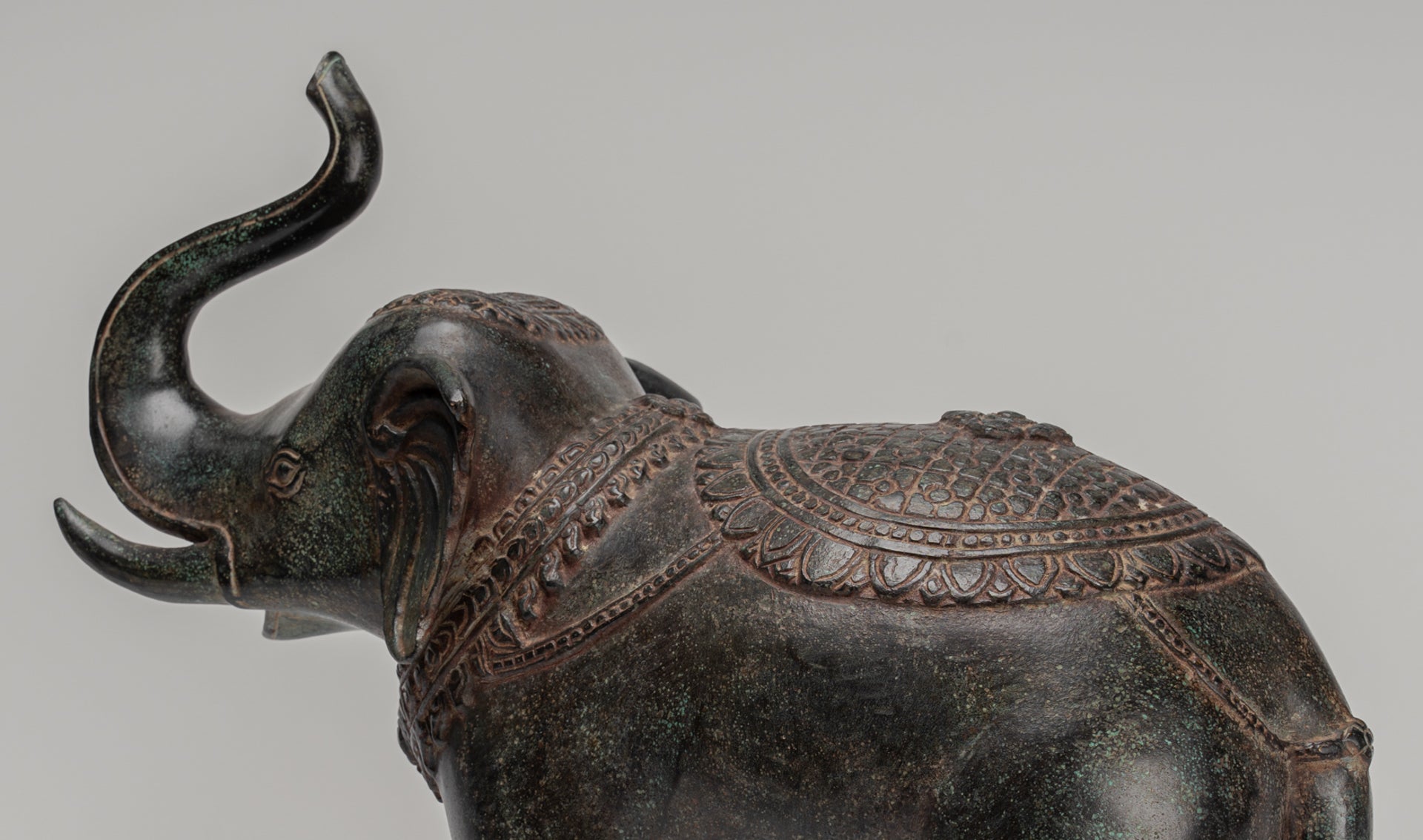 Elephant - Antique Khmer Style Bronze Standing Trumpeting Elephant Statue - 38cm/15" Tall