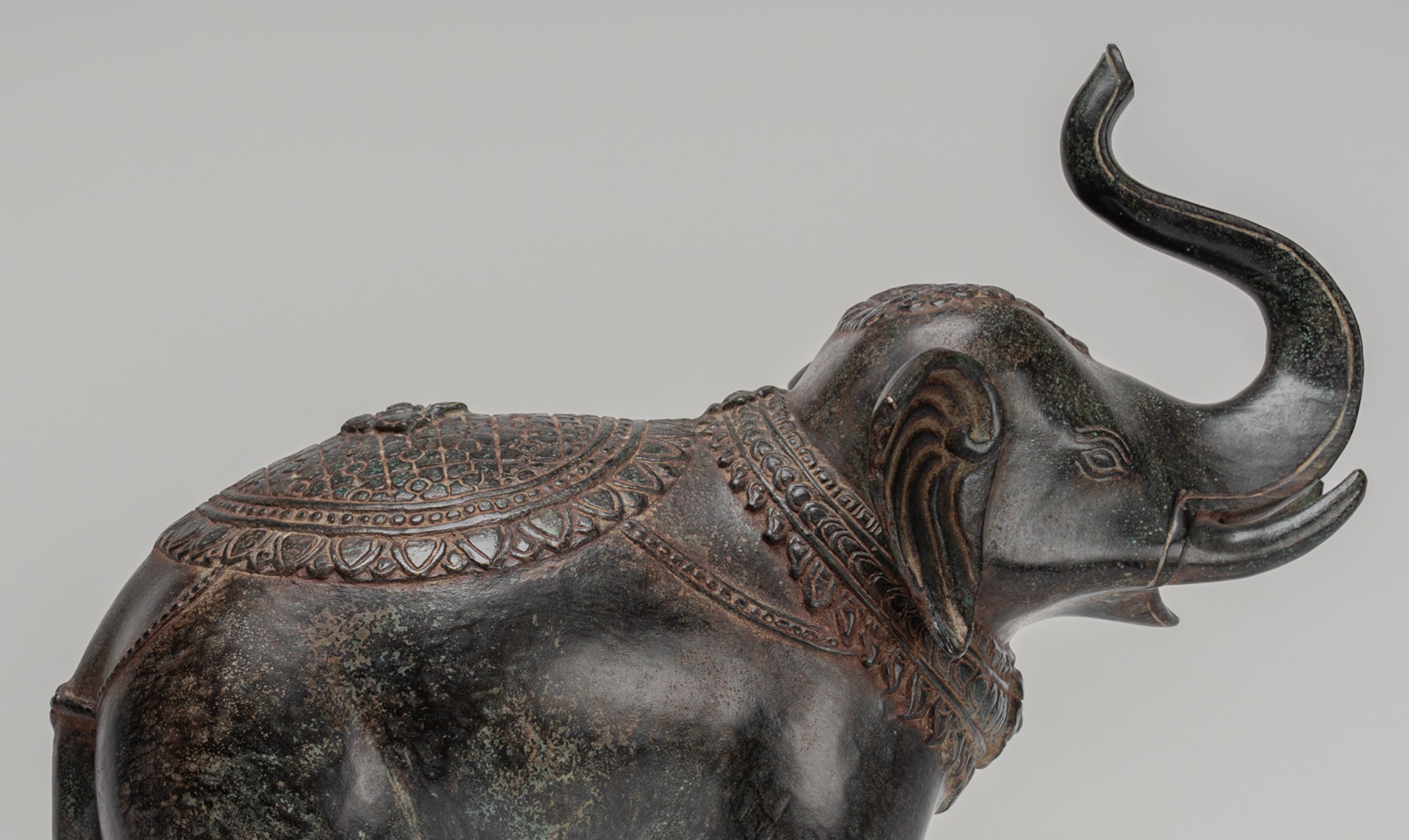 Elephant - Antique Khmer Style Bronze Standing Trumpeting Elephant Statue - 38cm/15" Tall