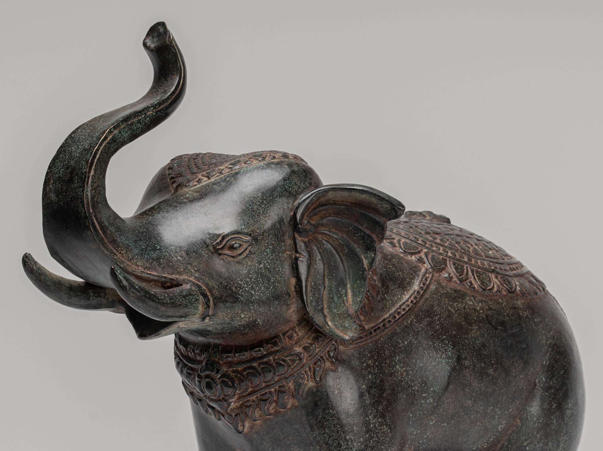 Elephant - Antique Khmer Style Bronze Standing Trumpeting Elephant Statue - 38cm/15" Tall