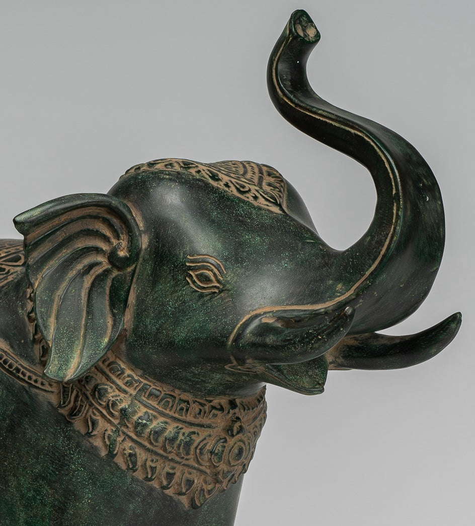Antique Khmer Style Bronze Standing Trumpeting Elephant Statue - 38cm/15" Tall