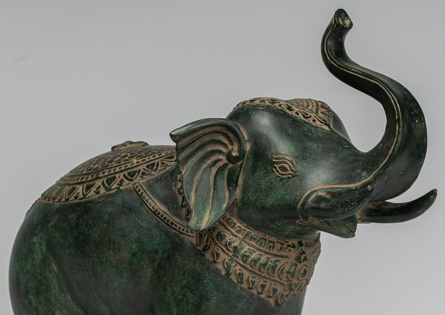 Antique Khmer Style Bronze Standing Trumpeting Elephant Statue - 38cm/15" Tall