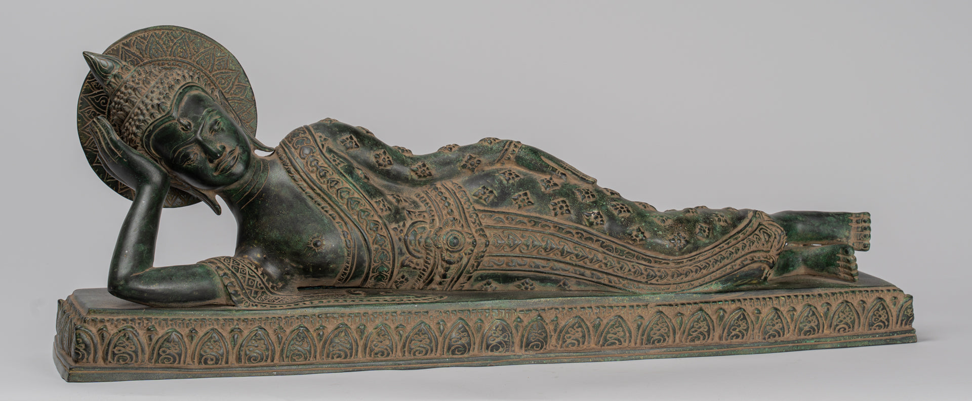 Antique Khmer Style Bronze Reclining Nirvana Buddha Statue - 65cm/26" Long