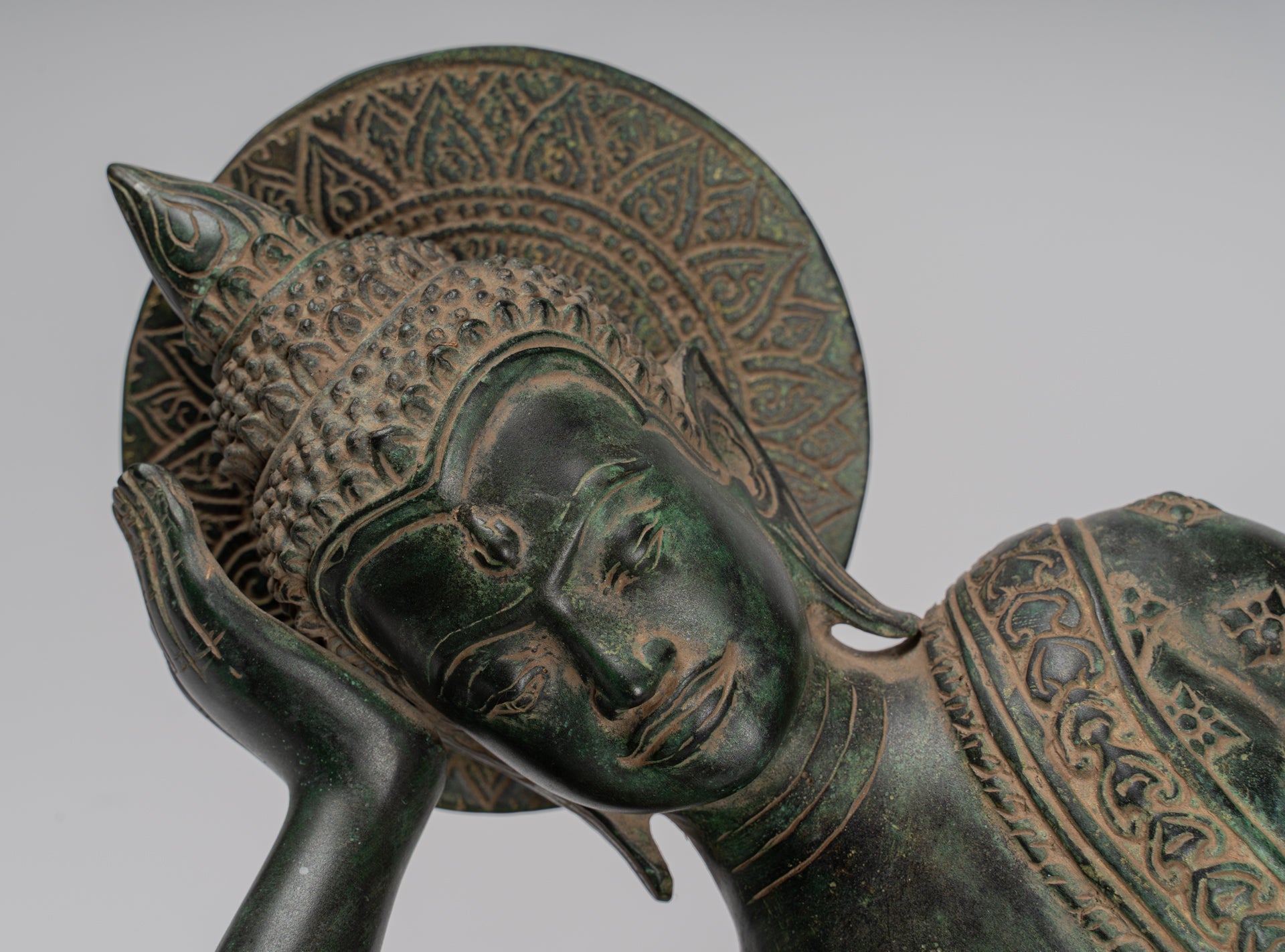 Antique Khmer Style Bronze Reclining Nirvana Buddha Statue - 65cm/26" Long