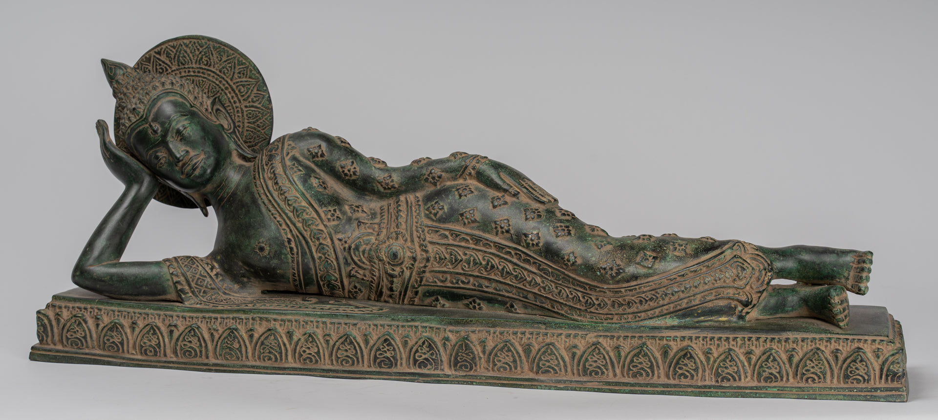 Antique Khmer Style Bronze Reclining Nirvana Buddha Statue - 65cm/26" Long