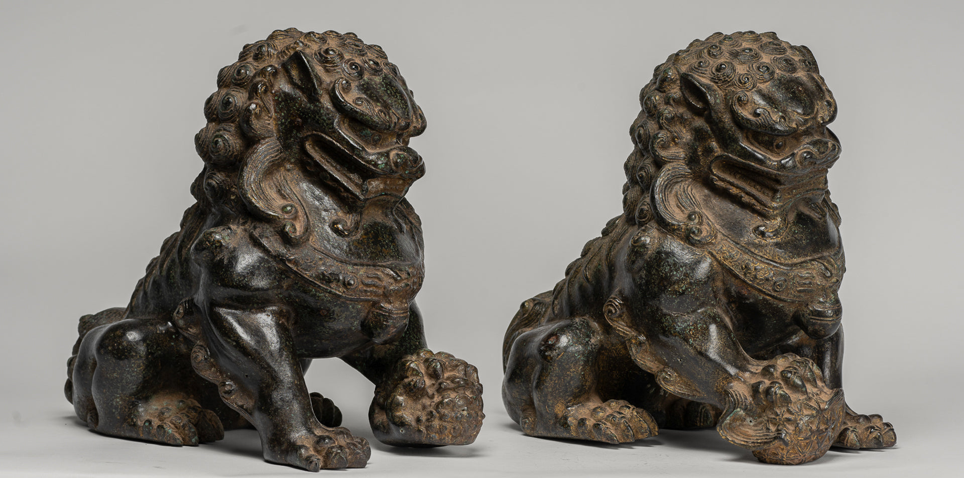Antique Chinese Style Temple Guardian Lions Shishi Lions Foo Dogs Imperial Lions (Pair) - 25cm/10"