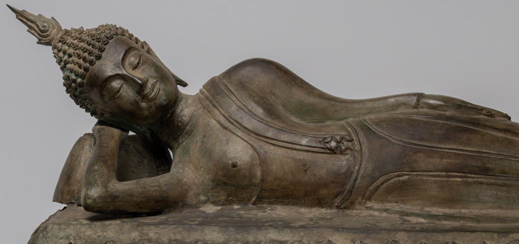 Statua Buddha - Antique Thai Thai Bronzo Sukhothai Reclining Nirvana Buddha Statua - 97cm/39 "