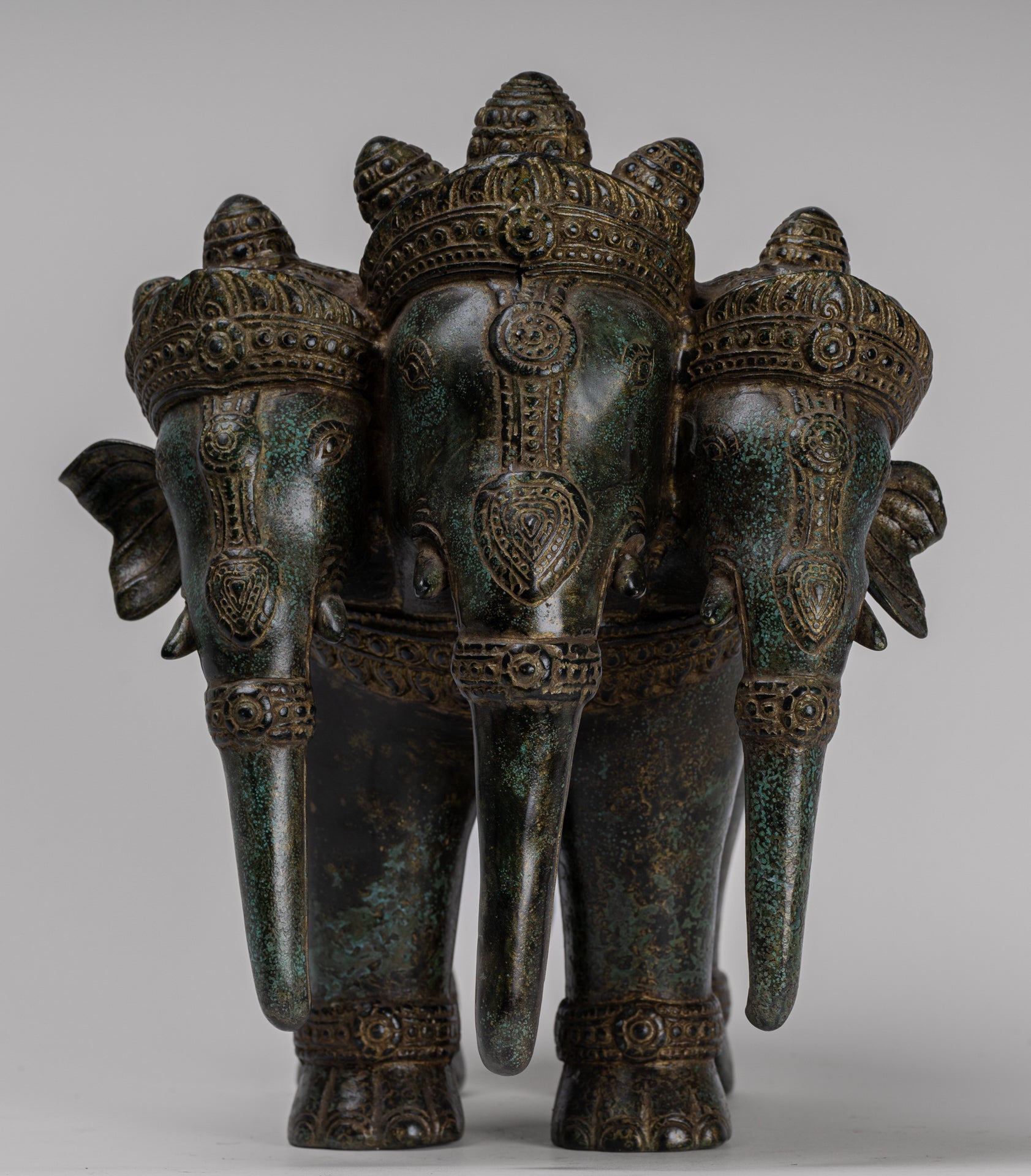 Antique Khmer Style Bronze Erawan Airavata or Elephant Statue - 32cm/13" Tall