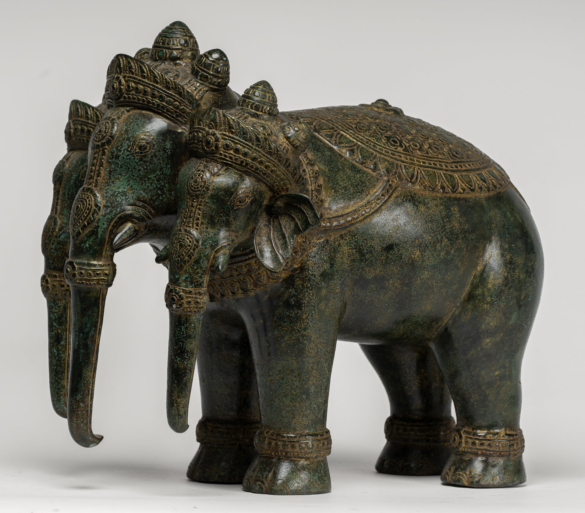 Antique Khmer Style Bronze Erawan Airavata or Elephant Statue - 31cm/12" Tall