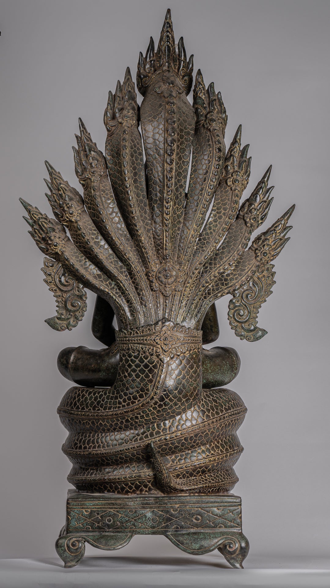 Buddha Statue - Antique Bayon Style Khmer Seated Bronze Naga Meditation Buddha - 114cm/46"