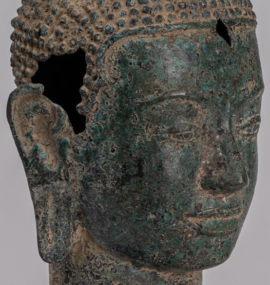 Buddha Statue - Antique Khmer Style Bronze Lotus Flower Buddha Head - 36cm/14"