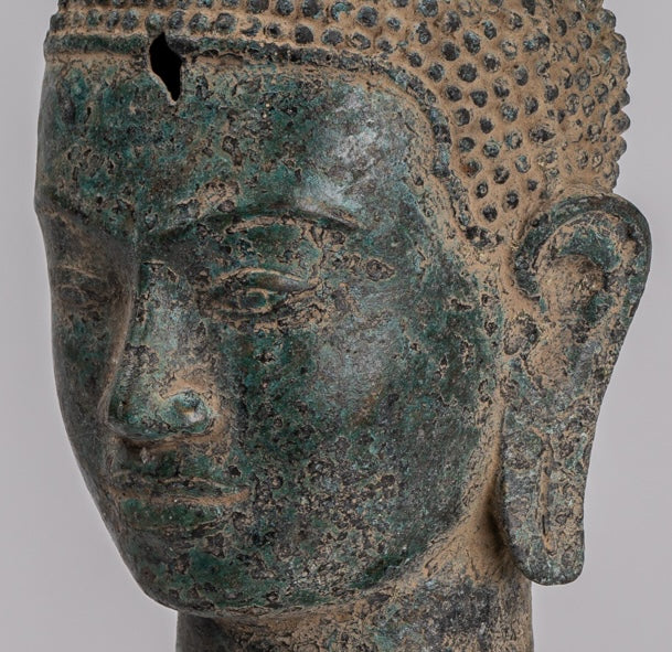 Buddha Statue - Antique Khmer Style Bronze Lotus Flower Buddha Head - 36cm/14"