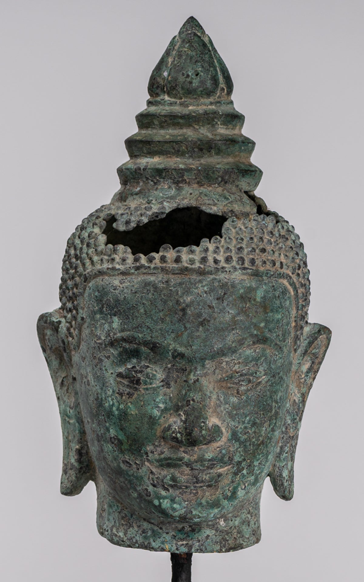 Buddha Statue - Antique Khmer Style Bronze Lotus Flower Buddha Head - 37cm/15"