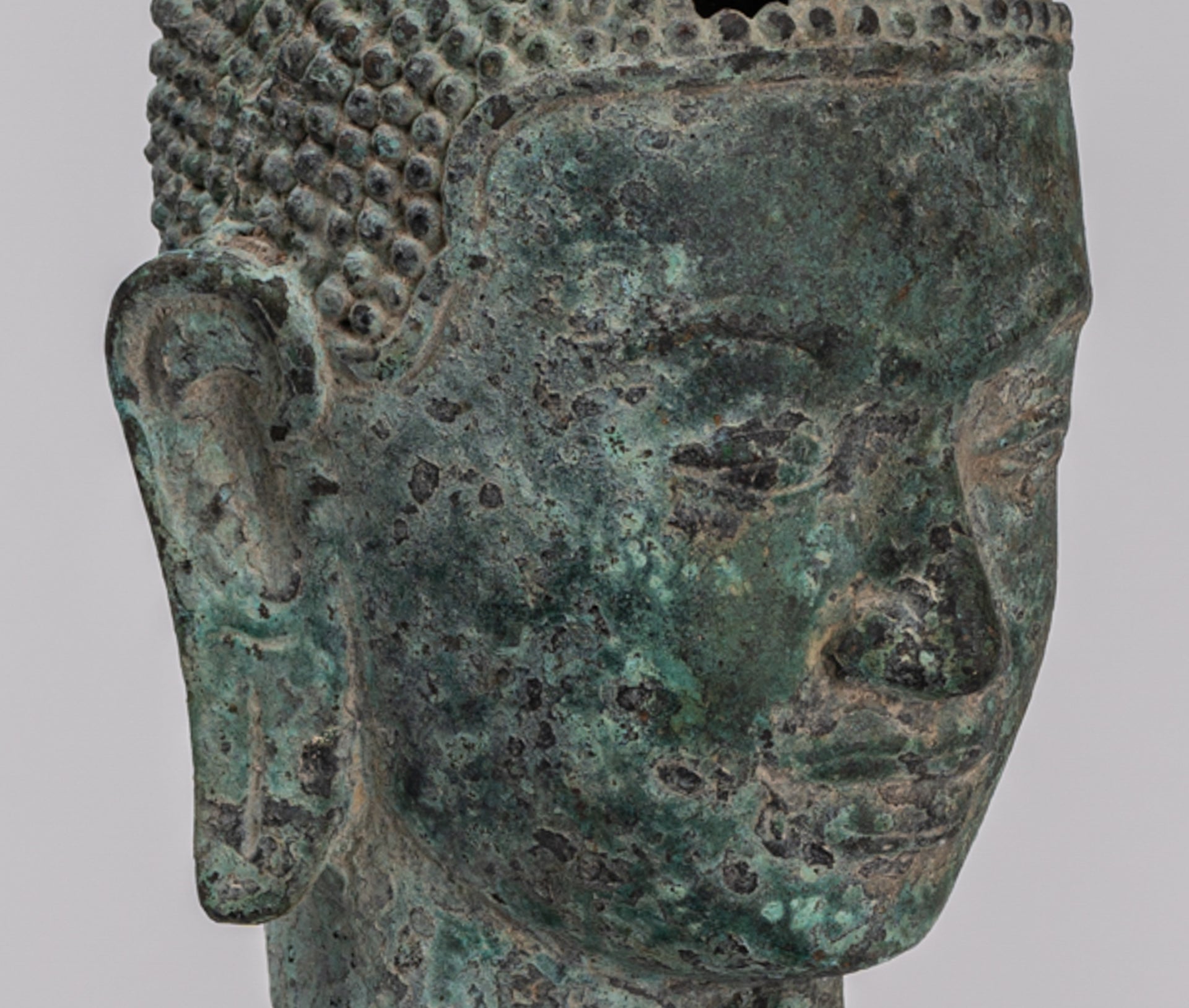 Buddha Statue - Antique Khmer Style Bronze Lotus Flower Buddha Head - 37cm/15"