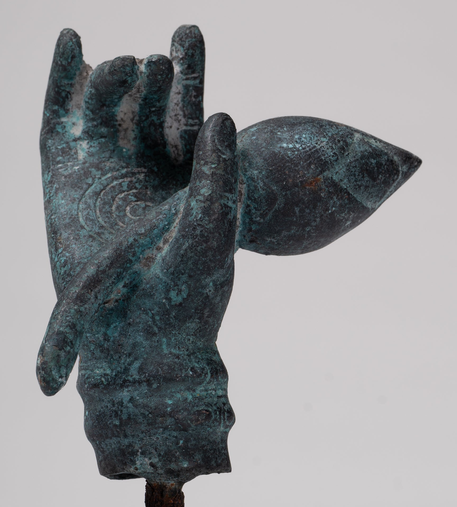 Mounted Antique Khmer Style Bronze Hand & Lotus Bud - 18cm/7"