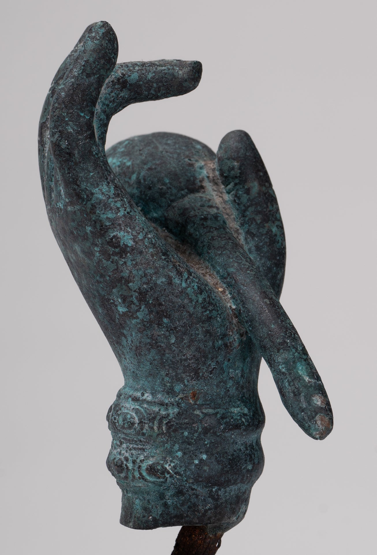 Mounted Antique Khmer Style Bronze Hand & Lotus Bud - 18cm/7"