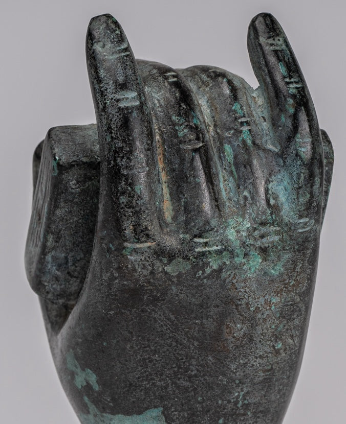 Mounted Antique Khmer Style Southeast Asia Bronze Hand & Sutra - 17cm/7"