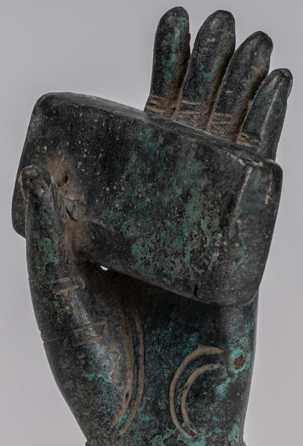 Mounted Antique Khmer Style Southeast Asia Bronze Hand & Sutra - 20cm/8"