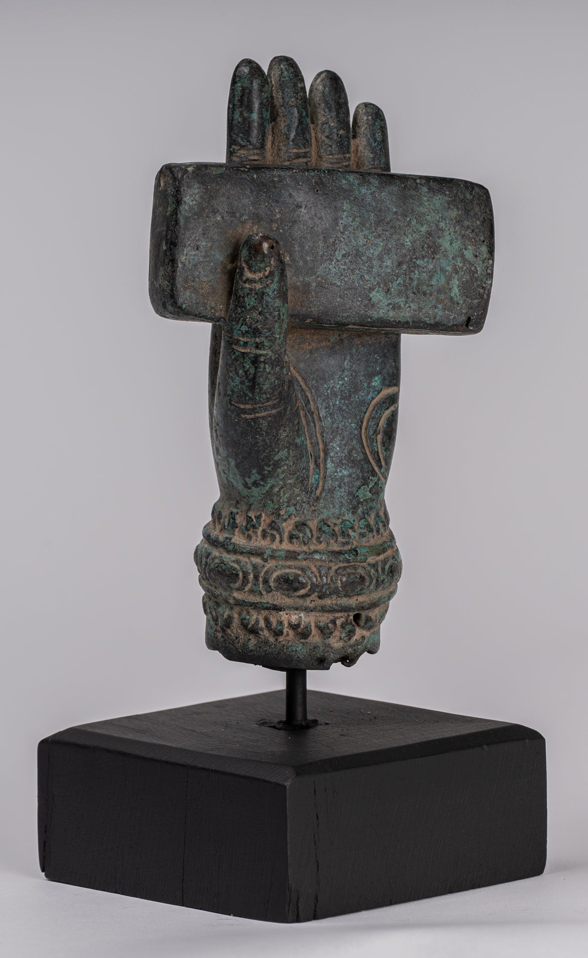 Mounted Antique Khmer Style Southeast Asia Bronze Hand & Sutra - 20cm/8"