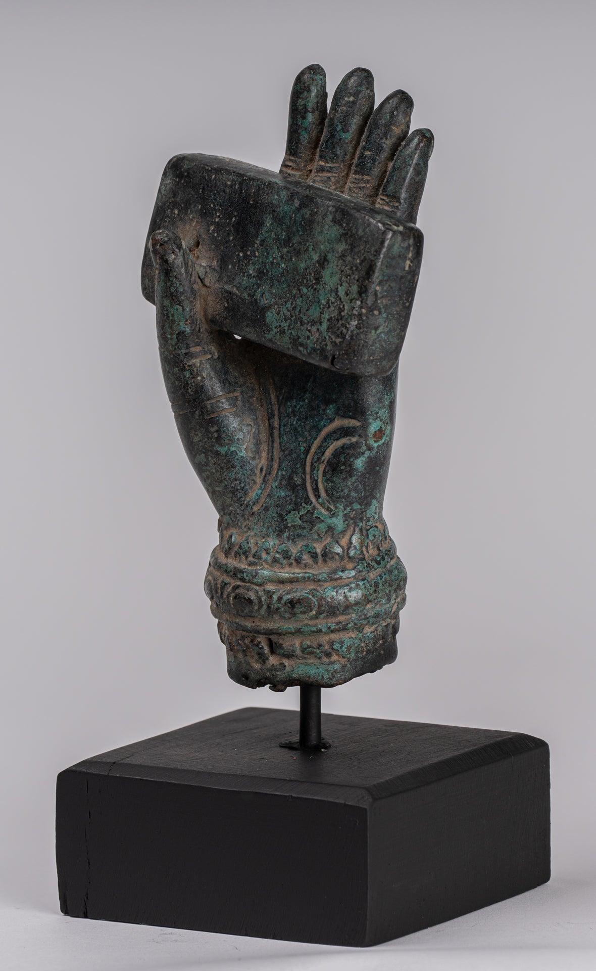 Mounted Antique Khmer Style Southeast Asia Bronze Hand & Sutra - 20cm/8"