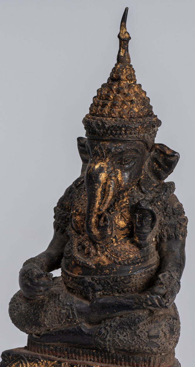 Ganesha Statue - Antique Thai Style Bronze Seated Rattanakosin Ganesha Statue - 19cm/8"