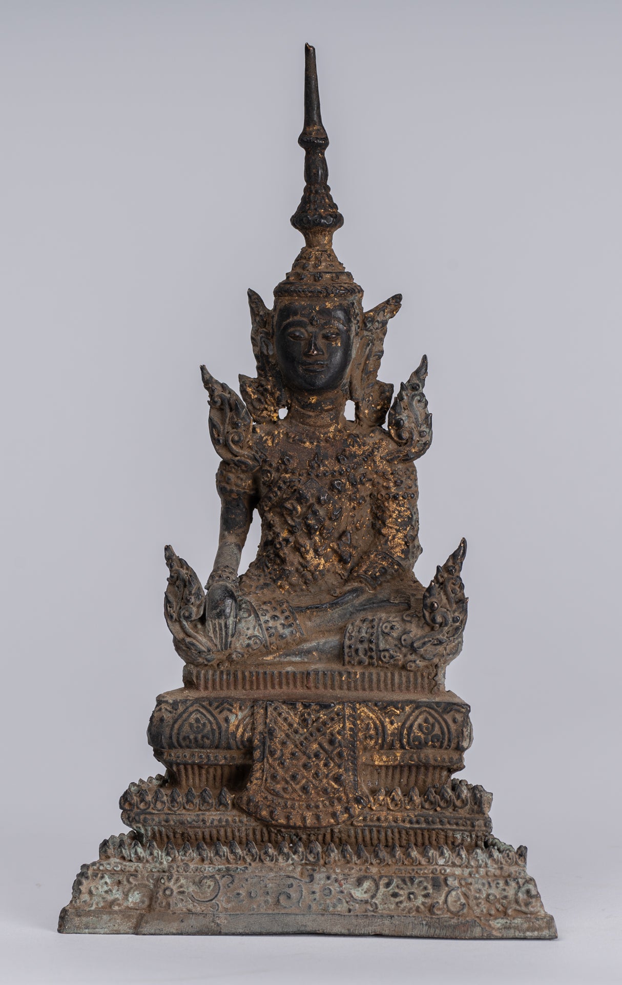 Buddha Statue - Antique Thai Style Bronze Rattanakosin Enlightenment Buddha Statue - 21cm/8"