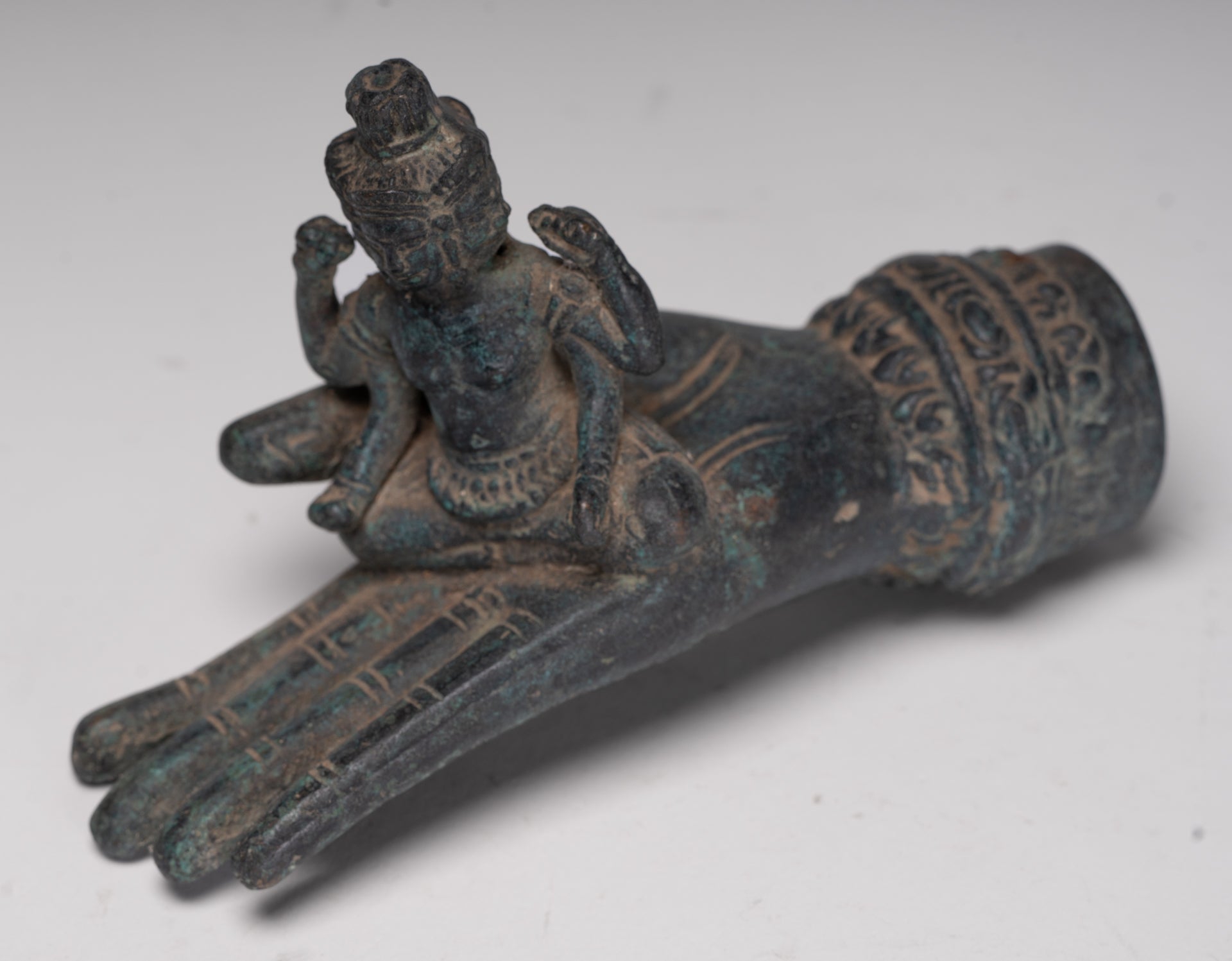 Freestanding Antique Khmer Style Bronze Koh Ker Hand & Brahma - 14cm/6"