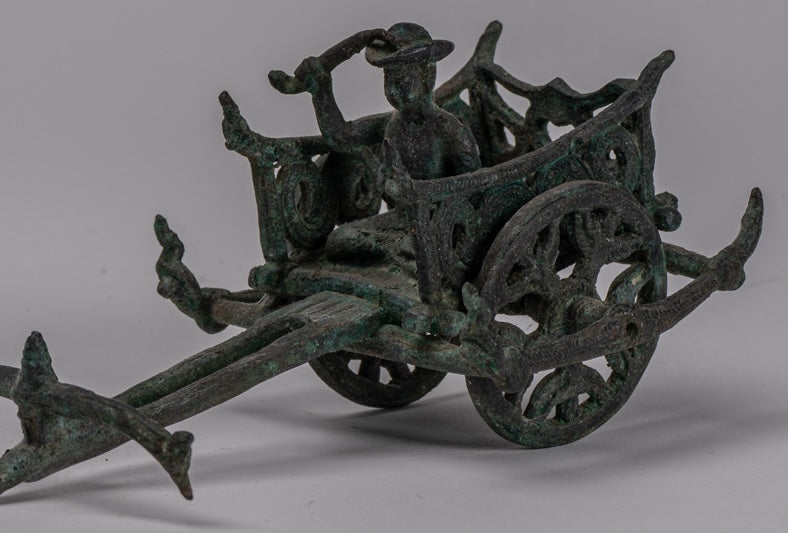 Ox Cart Statue - Antique Khmer Style Bronze Ox Cart Statue - 24cm/10"